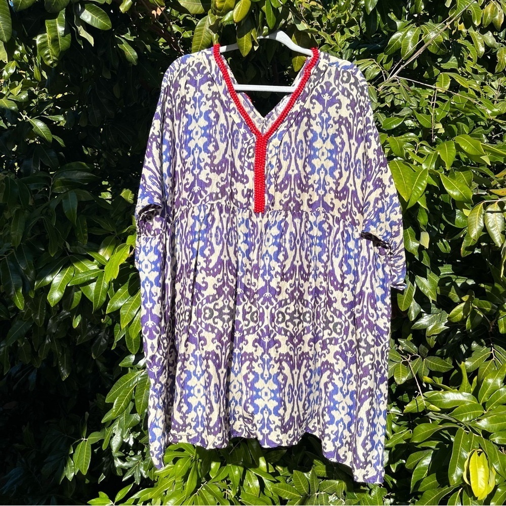 Rhode ivory purple tribal print beaded neck detail tunic top